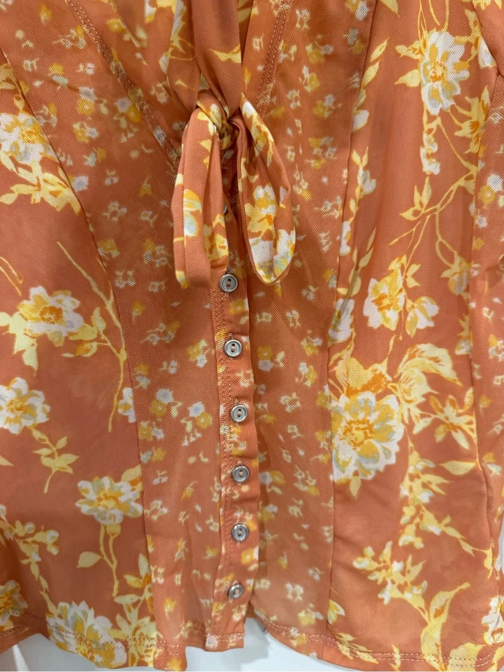 Free People Floral Sheer Mesh Tie Front Button Up Blouse Orange Yellow XS